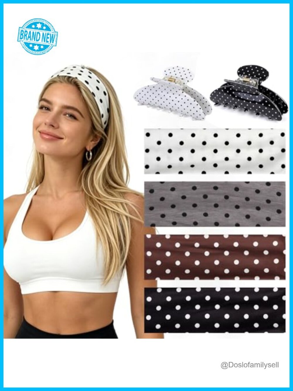 Polka Dot Stretchy Fabric Headbands Set with Claw Clips - 6 Pack Hair